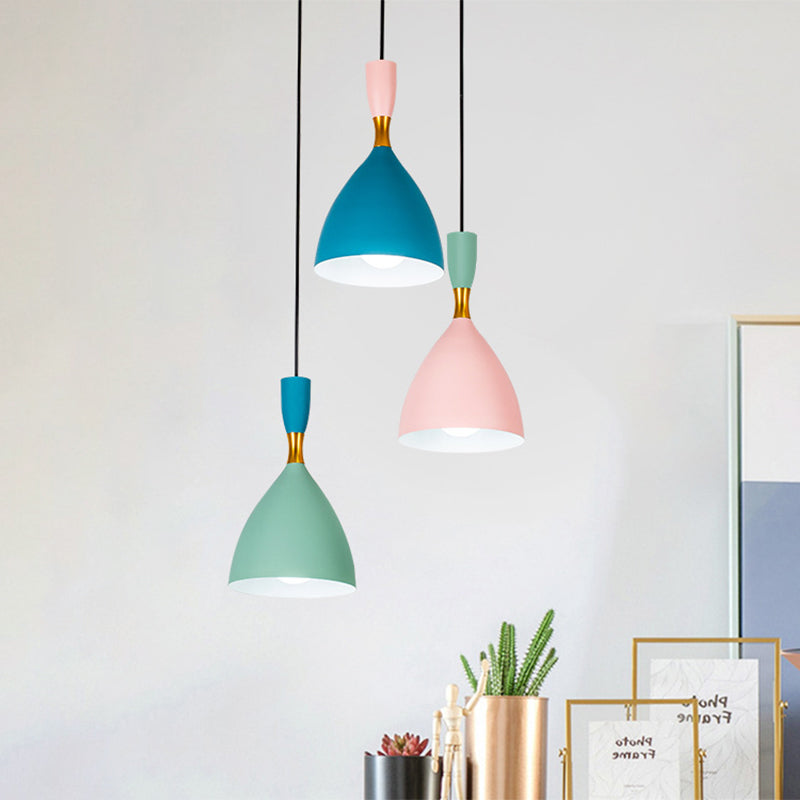 Funnel Pendant Aluminum Ceiling Lamp - Macaron Cluster, 3-Light, Loft House Suspension - Green/Pink/Blue