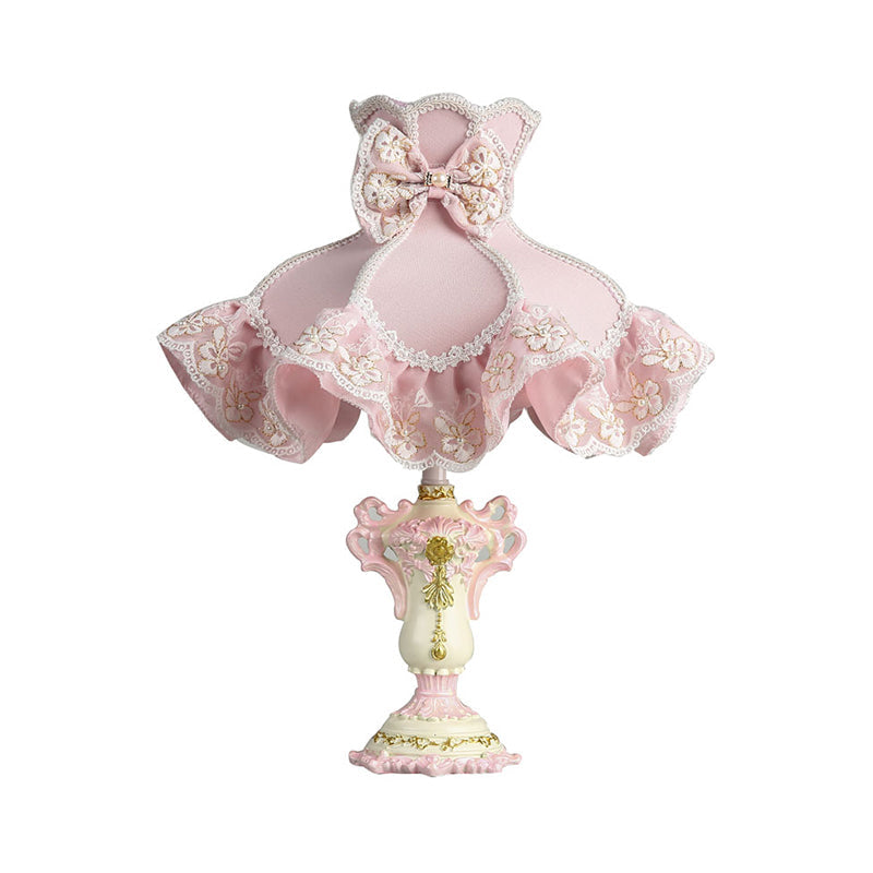 Royal Dress Girls 1-Light Bedside Lamp With Pink Fabric Shade & Sculpted Base - Kids Style Table