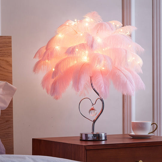 Modern Romantic Pink/White Led Nightstand Lamp With K9 Crystal Drop - Palm Tree Feather Table