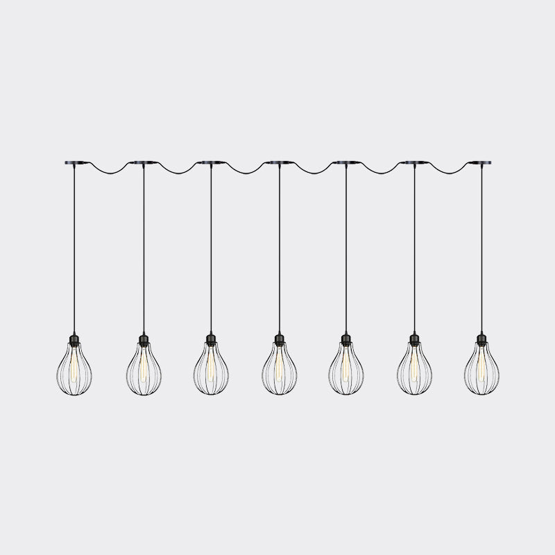 Industrial Pear Cage Pendant Chandelier With 3/5/7 Bulb Multi Light Kit In Black Iron