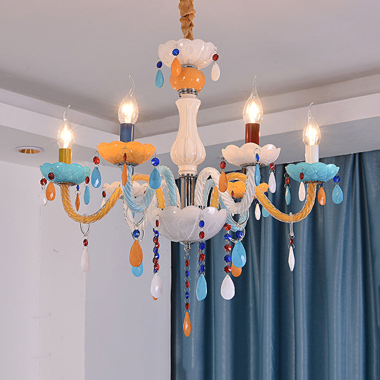 Colorful Kids Chandelier With Fake Candle & Crystal Accents Perfect For Game Room 6 / Yellow-Blue