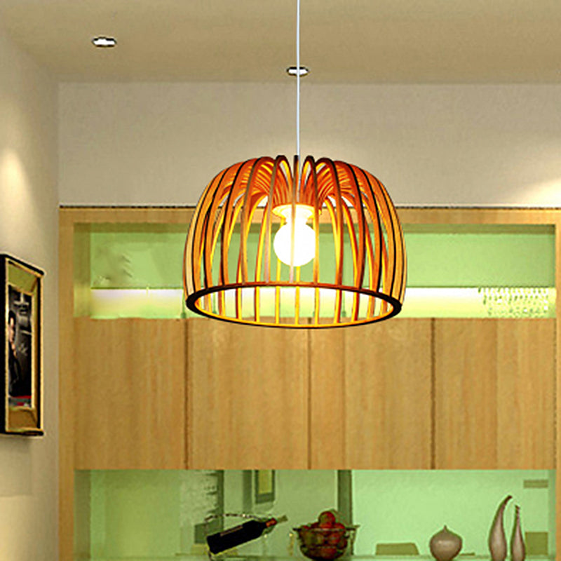 Down Lighting Wooden Strip Hanging Ceiling Lamp - Beige Bowl Frame Asia Theme Ideal For Living Room