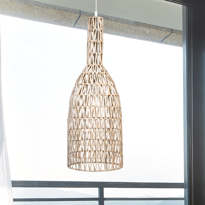 Khaki Bamboo Rattan Pendant Lighting - Asian 1-Light Bottle Ceiling Hang Fixture