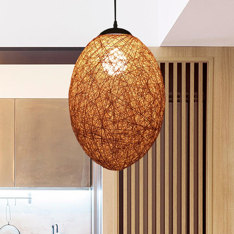 Asia Style Rattan Woven Pendant Lighting - 1 Head Ceiling Lamp In Brown/Coffee Brown