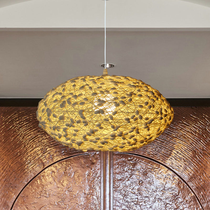 Beige Rattan Oval Pendant Lamp - Asian Style Bedroom Lighting
