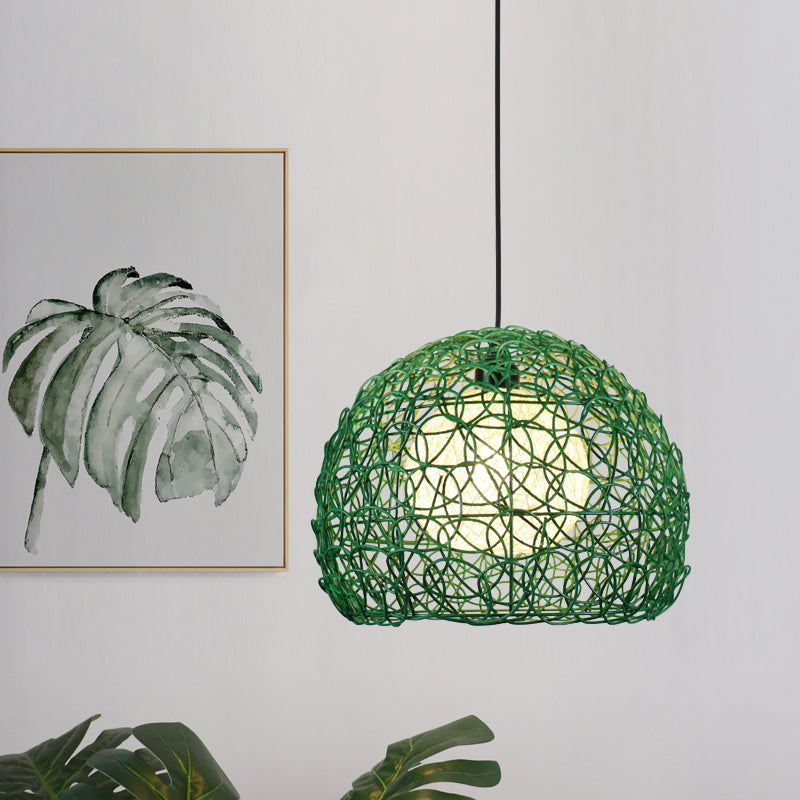 Modern Rattan Globe Cage Hanging Light Kit - 1 Head Green Finish Pendant Lamp Ideal For Restaurants