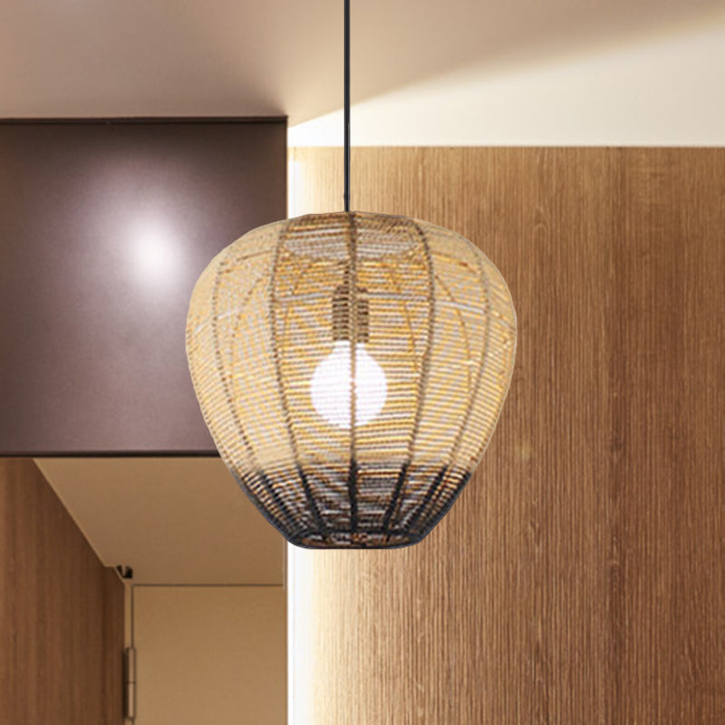 Modern Wood And Black Tea Room Suspension Light With Waterdrop Rattan Shade