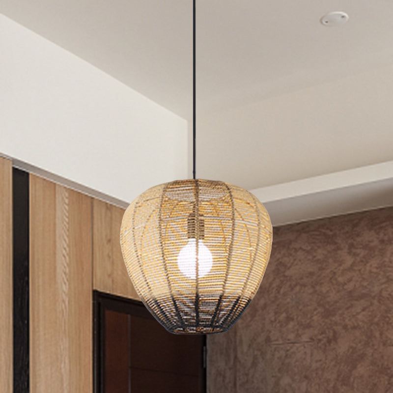 Modern Wood And Black Tea Room Suspension Light With Waterdrop Rattan Shade