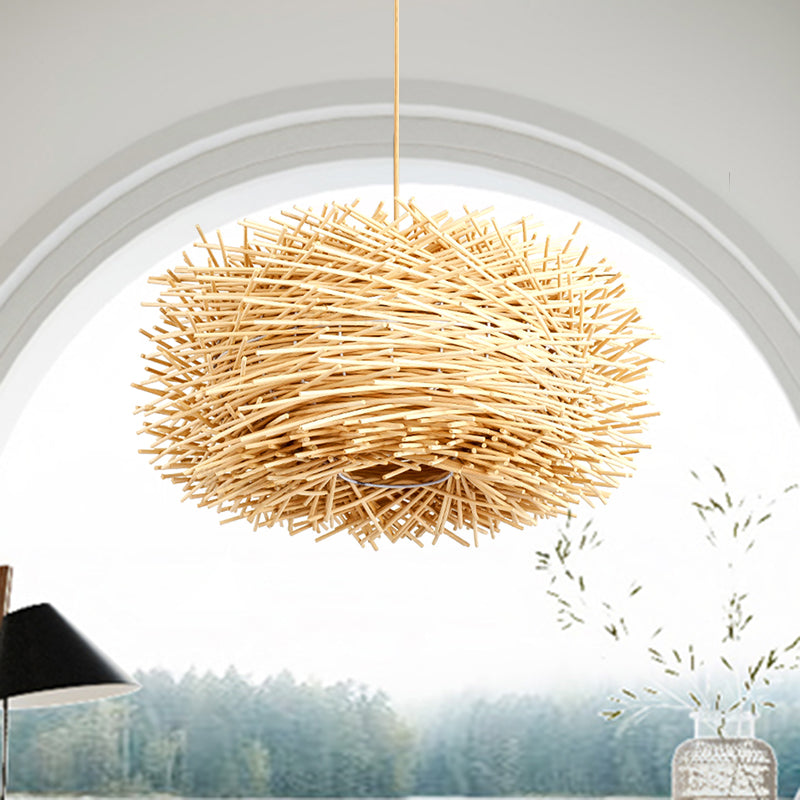 Beige Rattan Nest Shape Ceiling Pendant Light Kit - Asian Style