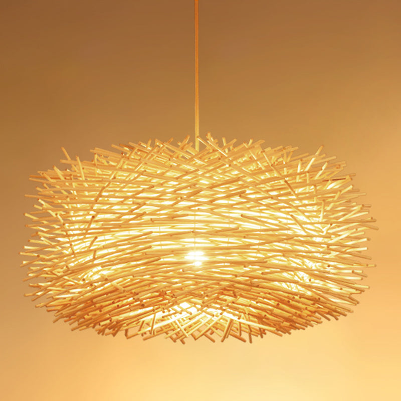 Beige Rattan Nest Shape Ceiling Pendant Light Kit - Asian Style