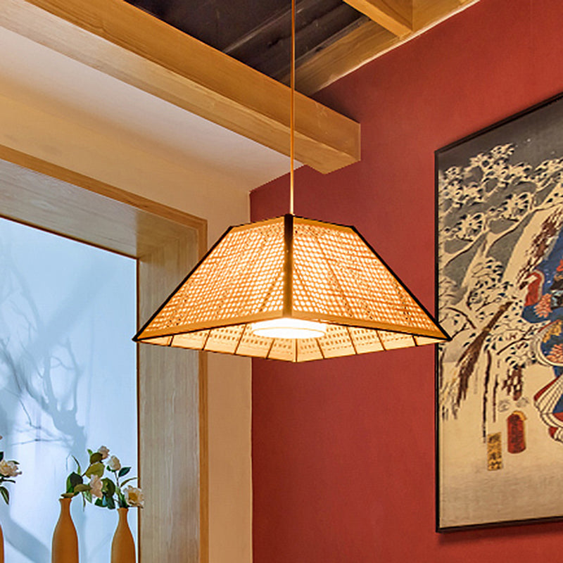 Tea House Pendulum Light: Asian Beige Suspended Pendant Lamp With Rattan Shade