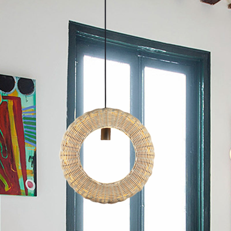 Asian Rattan Woven Loop Suspension Bedside Pendant Lamp In Wood - 1 Light