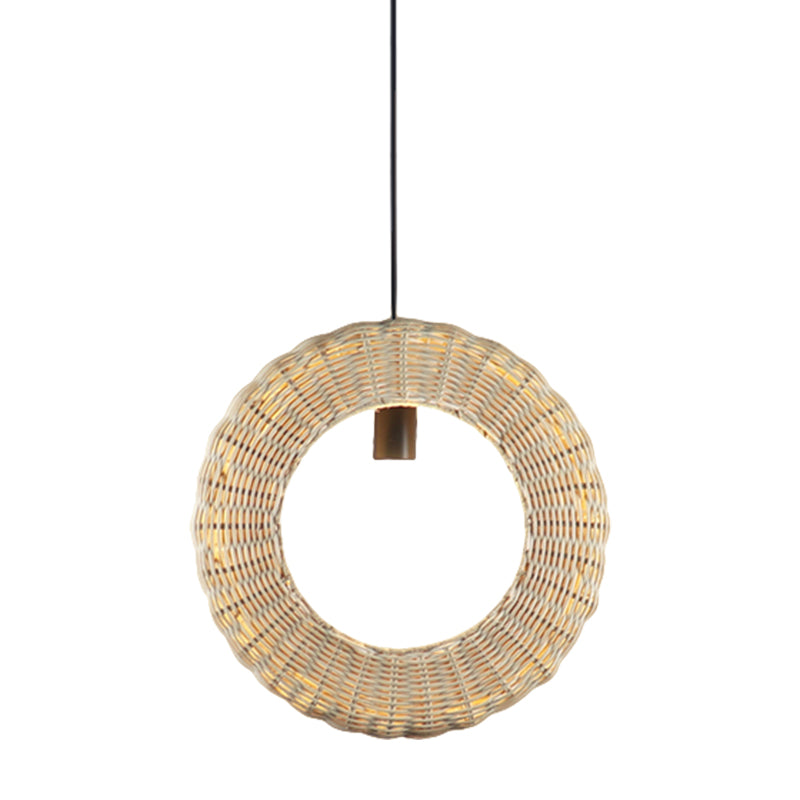 Asian Rattan Woven Loop Suspension Bedside Pendant Lamp In Wood - 1 Light