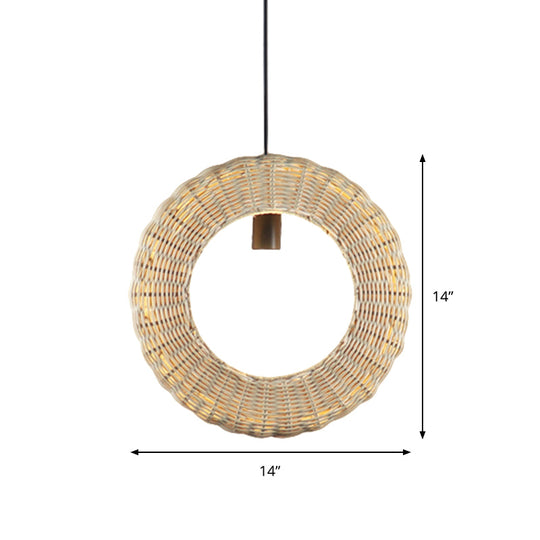 Asian Rattan Woven Loop Suspension Bedside Pendant Lamp In Wood - 1 Light