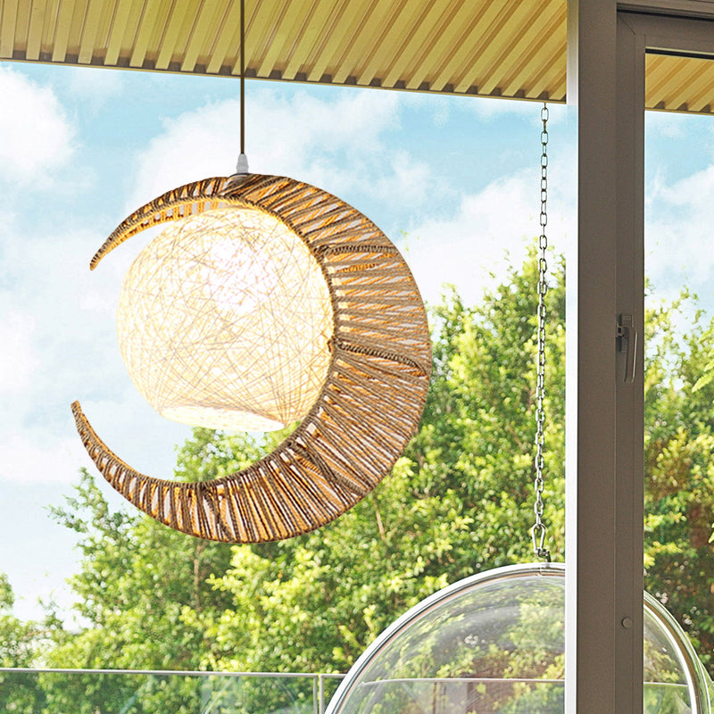 Rattan Pendant Lamp With Flaxen Moon & Ball Design For Balcony Lighting - 1 Bulb Asia Ceiling Hang