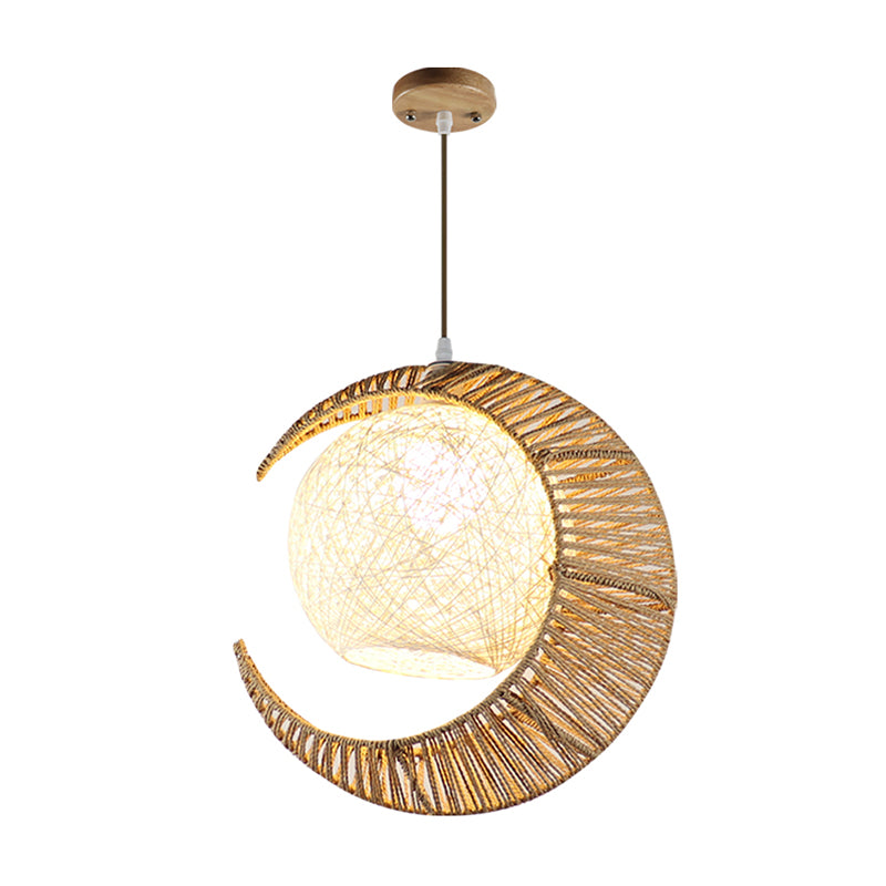 Rattan Pendant Lamp With Flaxen Moon & Ball Design For Balcony Lighting - 1 Bulb Asia Ceiling Hang