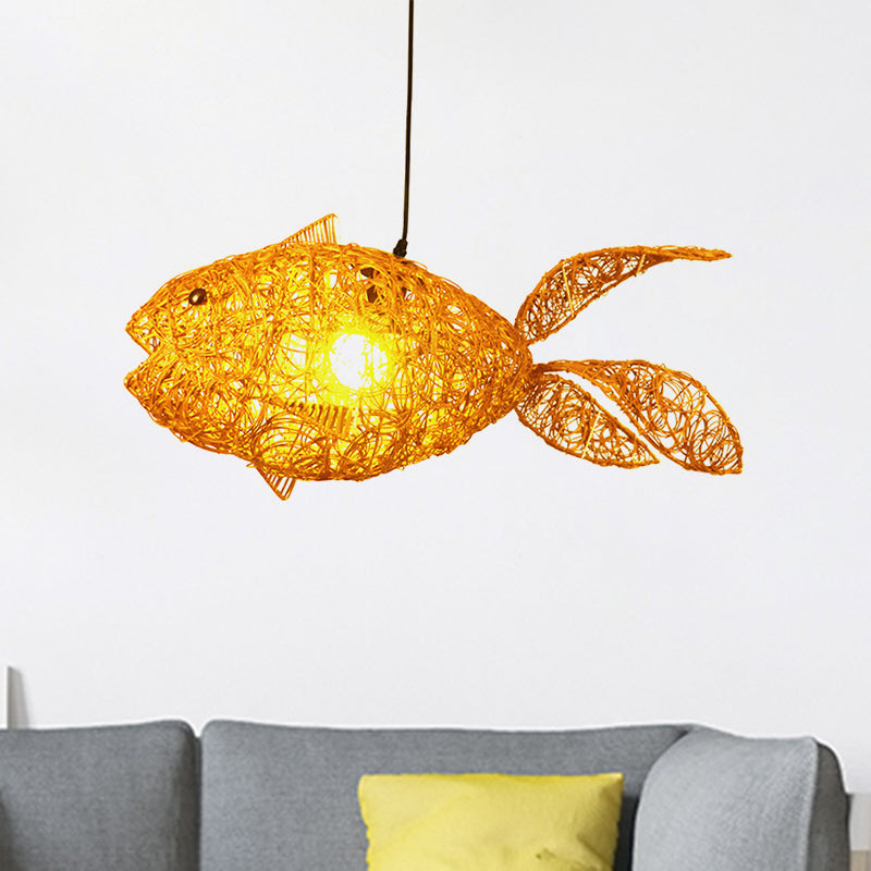 Gold Fish-Shape Rattan Pendulum Light: Asian Style 1-Light Ceiling Lamp For Living Room