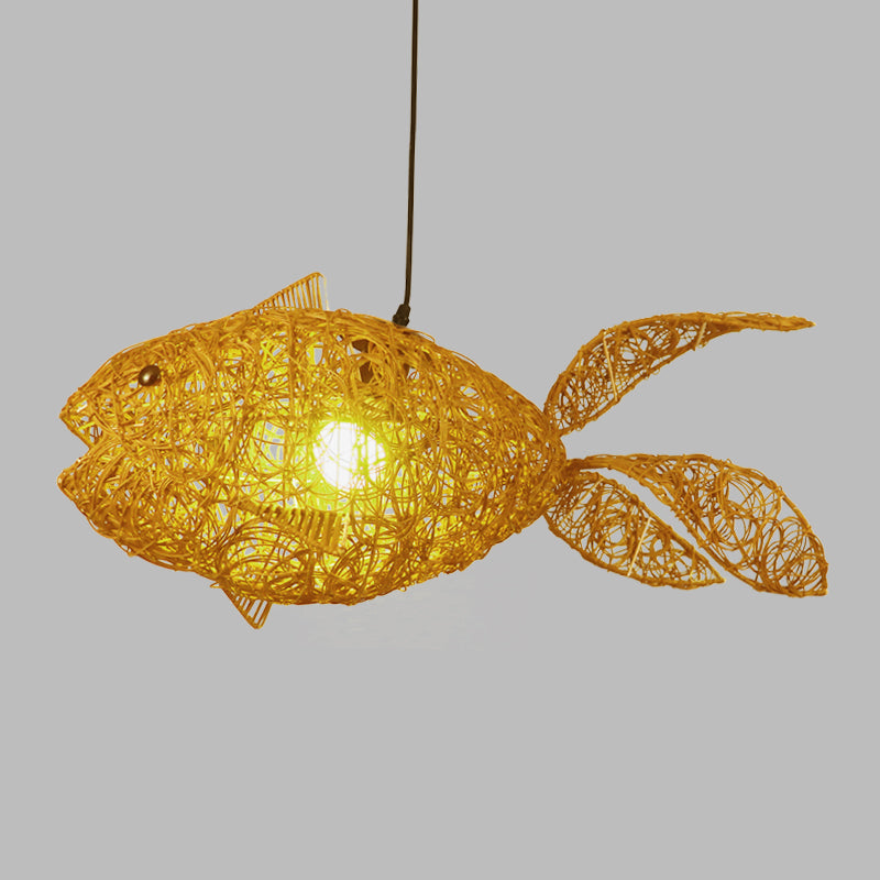 Gold Fish-Shape Rattan Pendulum Light: Asian Style 1-Light Ceiling Lamp For Living Room