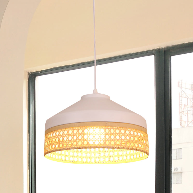 Iron Barn Pendant Light Kit - Modernist White Ceiling Lamp With Woven Rattan Detail