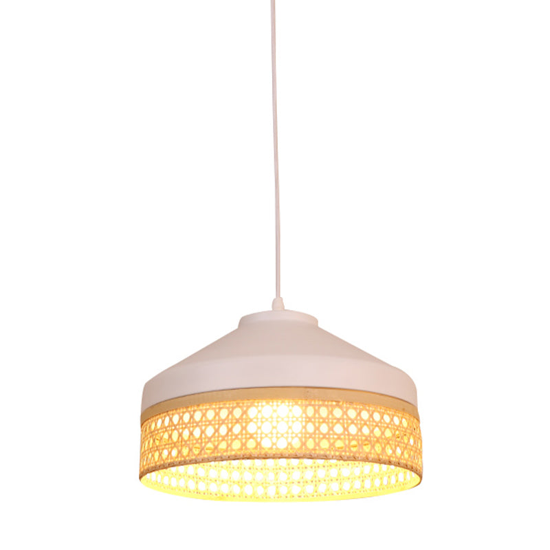 Iron Barn Pendant Light Kit - Modernist White Ceiling Lamp With Woven Rattan Detail