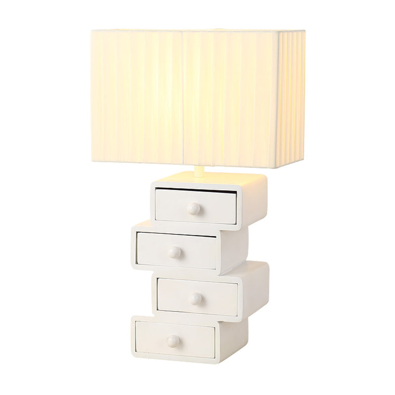 Contemporary White Nightstand Lamp With Drawer - Rectangle Fabric Table Light