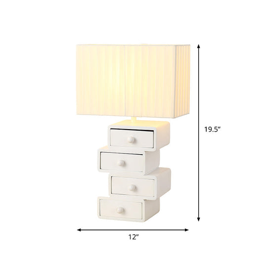 Contemporary White Nightstand Lamp With Drawer - Rectangle Fabric Table Light