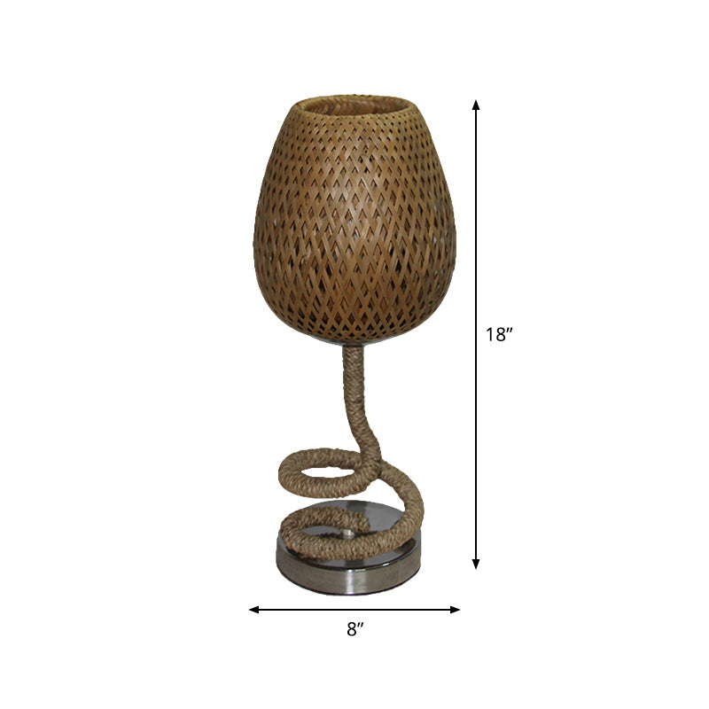 Flaxen Bamboo Rattan Night Lamp - Bud Shape Design 1-Bulb Table Light With Rope Accent
