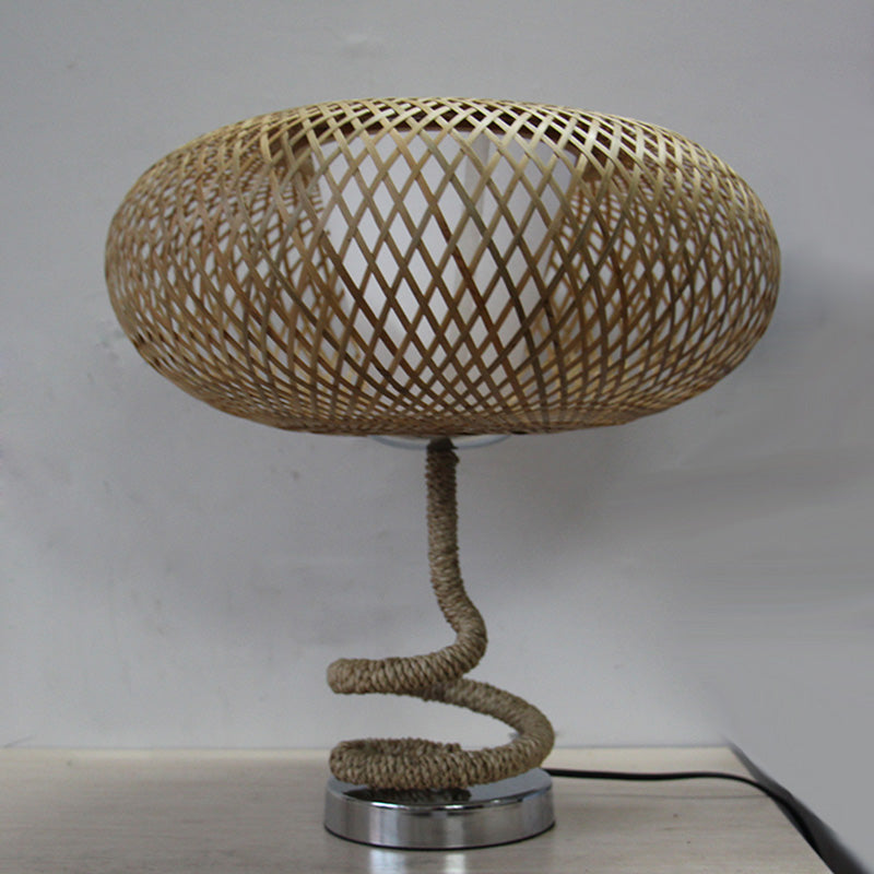 Oval Woven Nightstand Lamp - Asian Bamboo Rattan Flaxen Light With Rope Design Flaxen