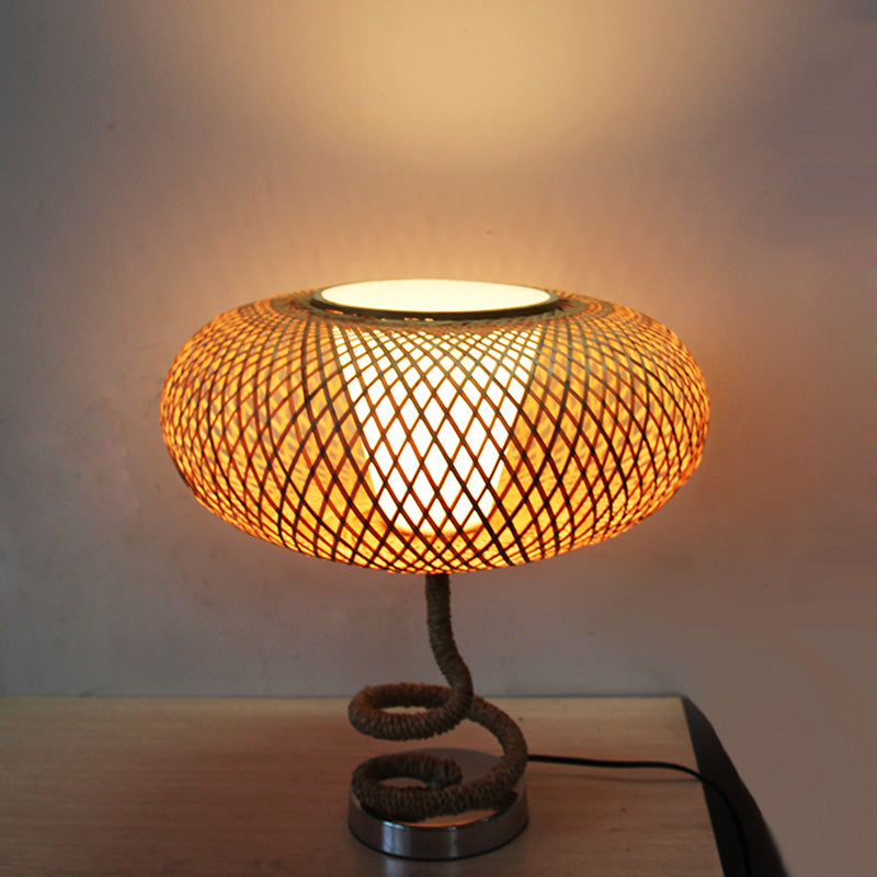 Oval Woven Nightstand Lamp - Asian Bamboo Rattan Flaxen Light With Rope Design
