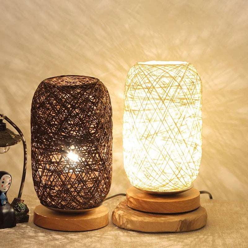 Modern Asian Bamboo Rattan Capsule Night Table Light - 1-Light Beige/Coffee Lamp Beige