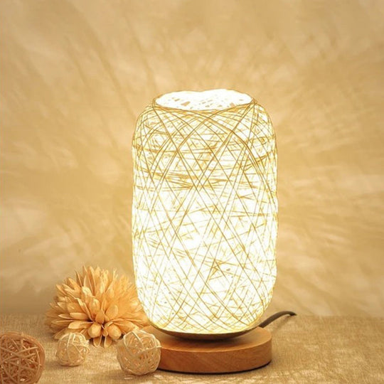 Modern Asian Bamboo Rattan Capsule Night Table Light - 1-Light Beige/Coffee Lamp