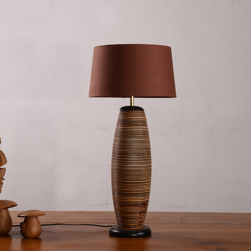 Asia Wood Table Lamp With Night Lighting Coffee Cocoon Shape & Brown Fabric Shade