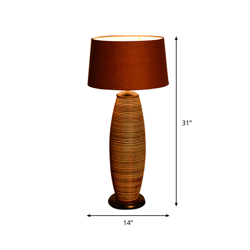 Asia Wood Table Lamp With Night Lighting Coffee Cocoon Shape & Brown Fabric Shade