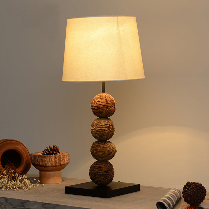 Asian Wood Fruit Nightstand Light: 1-Light Brown Lamp With Fabric Shade