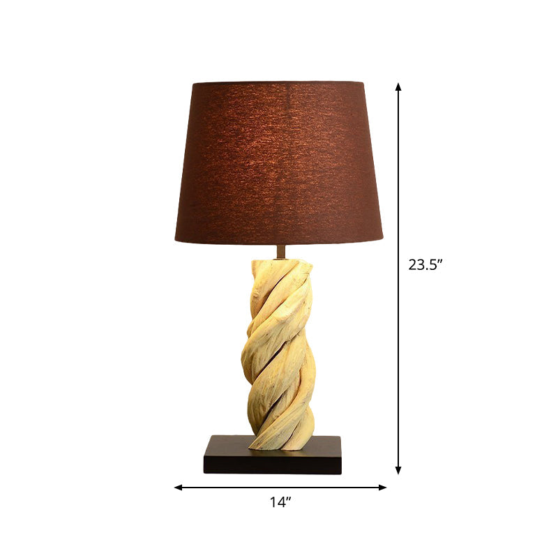 Art Deco Barrel Fabric Night Lamp With Spiral Wood Base - Brown