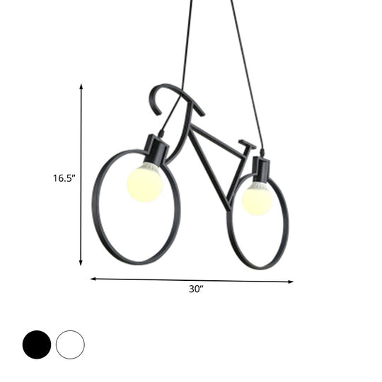 Minimalist City Bike Pendant Light For Kids Room - 2-Light Iron Suspension With Open Bulb Design