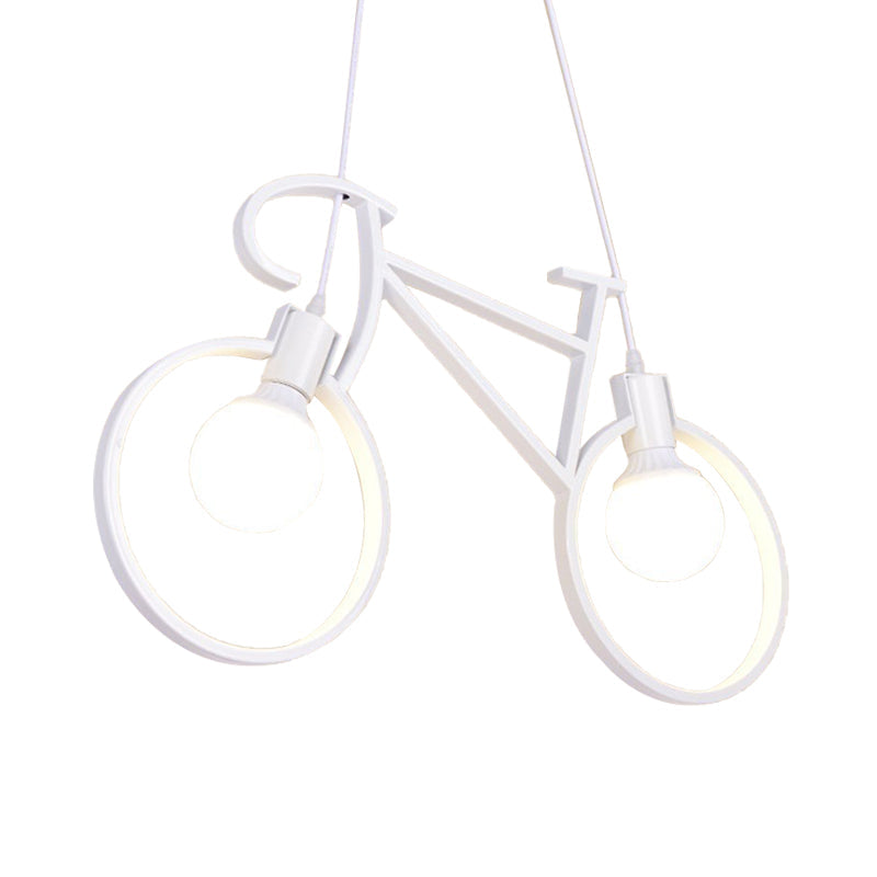 Minimalist City Bike Pendant Light For Kids Room - 2-Light Iron Suspension With Open Bulb Design