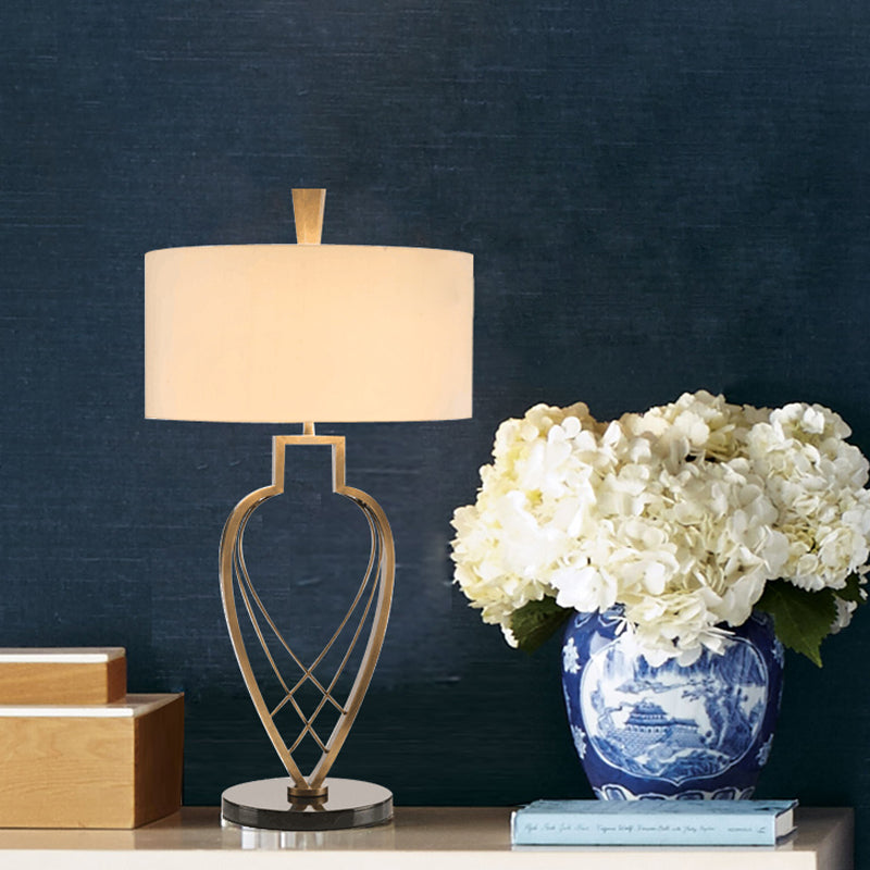 Modern Drum Night Table Lamp In Beige With Gold Urn Frame Base