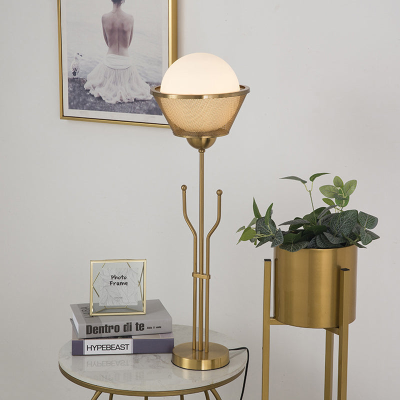 Modern Brass Finish Table Lamp With Trident Base - Metallic Reading Book Light