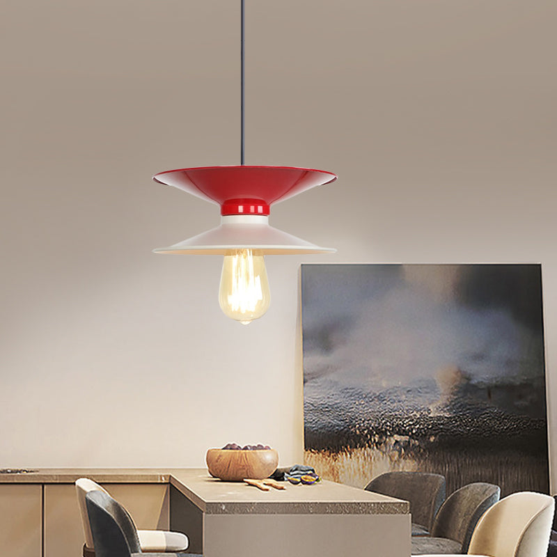 Modern Metal Double Saucer Ceiling Pendant Lamp, White and Red, 1-Bulb Hang Fixture