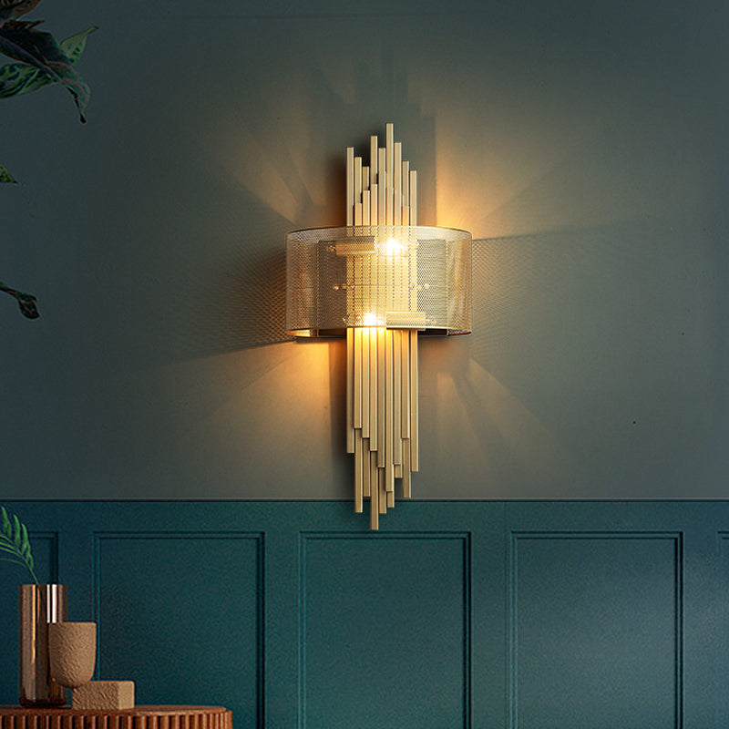 Modern 2-Head Gold Wall Sconce Lamp With Mesh Drum Shade