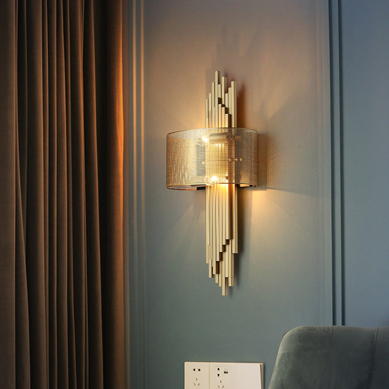 Modern 2-Head Gold Wall Sconce Lamp With Mesh Drum Shade