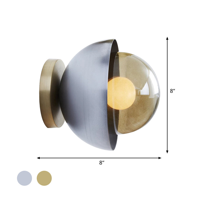 Modern Metallic Semicircle Sconce - 1-Light Brass/Chrome Wall Lamp With Tan Glass Shade