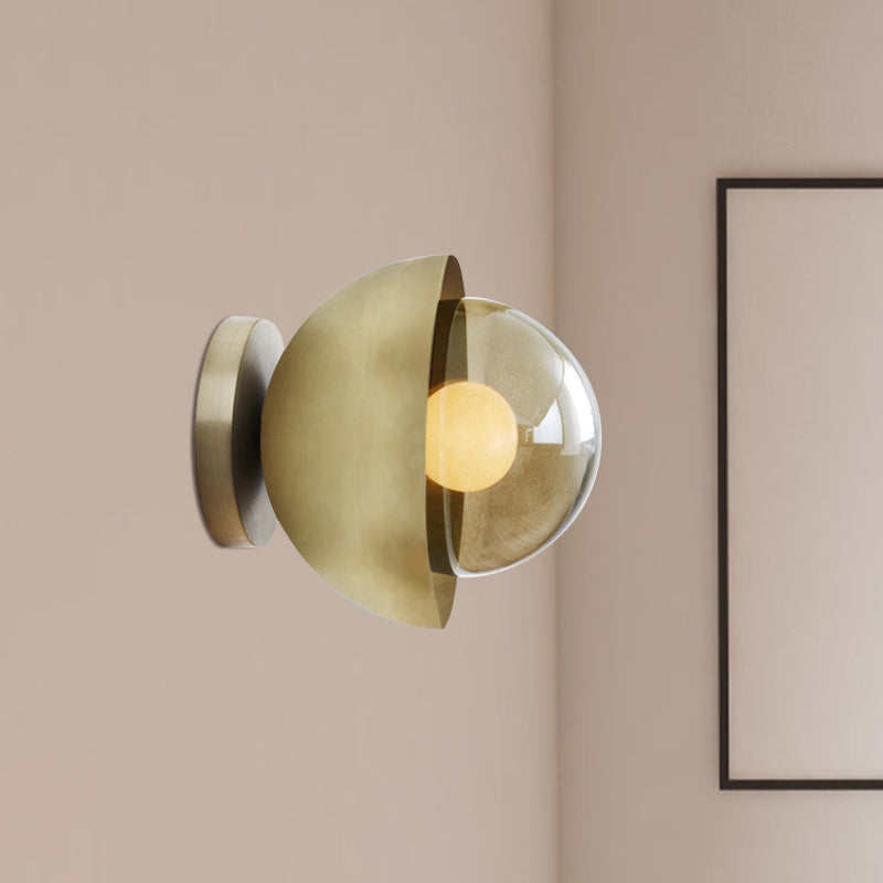 Modern Metallic Semicircle Sconce - 1-Light Brass/Chrome Wall Lamp With Tan Glass Shade Brass