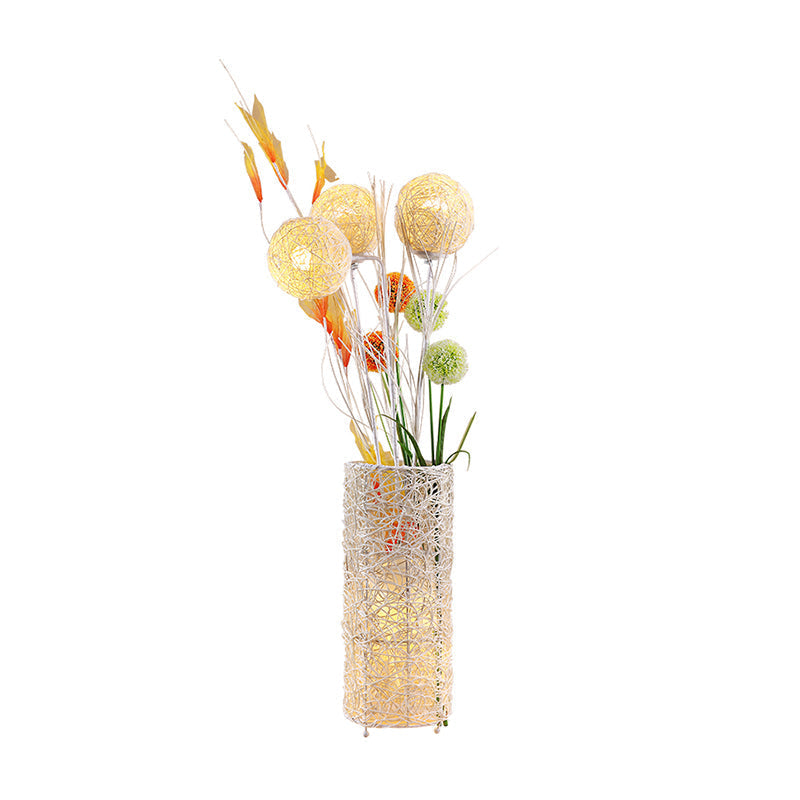 Art Deco Rattan Floor Lamp With Beige Flower Vase Design - Perfect For Living Room Lighting