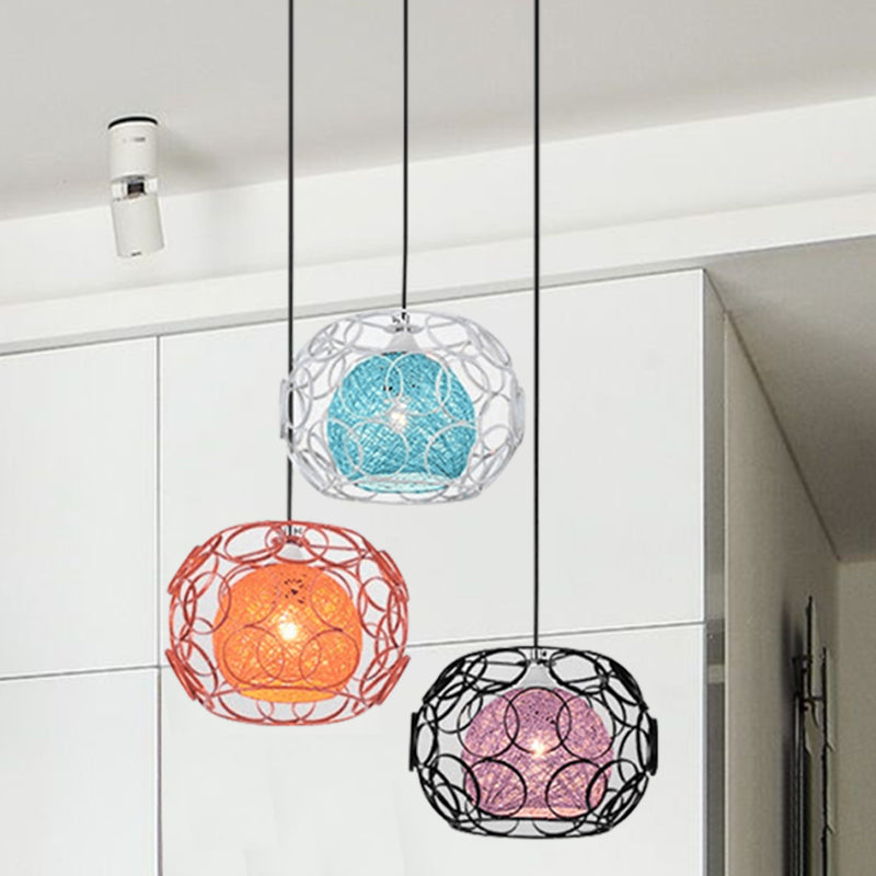 Modern Asia 3-Light Rattan Globe Ceiling Pendant With Colorful Shades And Black Canopy