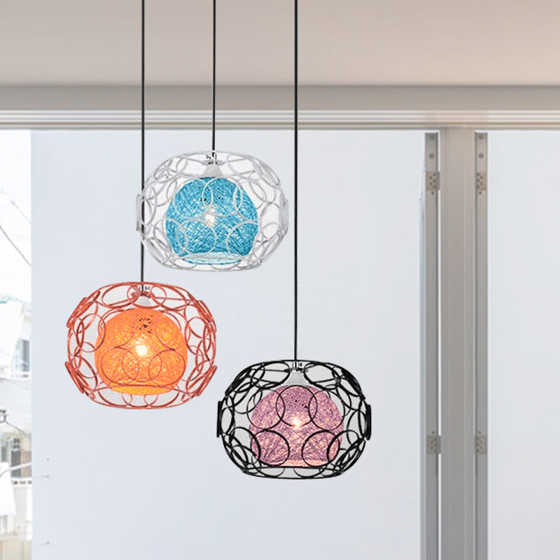 Modern Asia 3-Light Rattan Globe Ceiling Pendant With Colorful Shades And Black Canopy