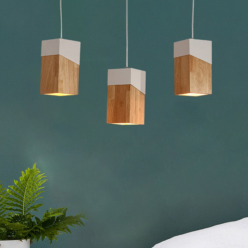Modern 3-Head Pendant Light With Cuboid Wood Shade For Study Room - Beige & White