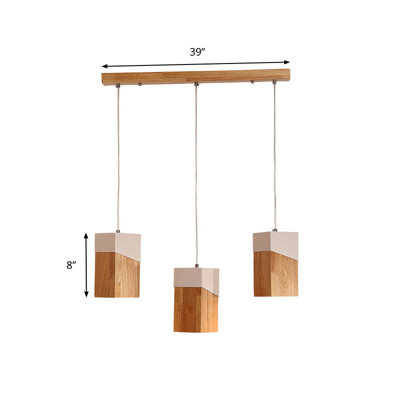 3-Head Modern Beige and White Pendant Light with Wood Shade - Ideal for Study Room