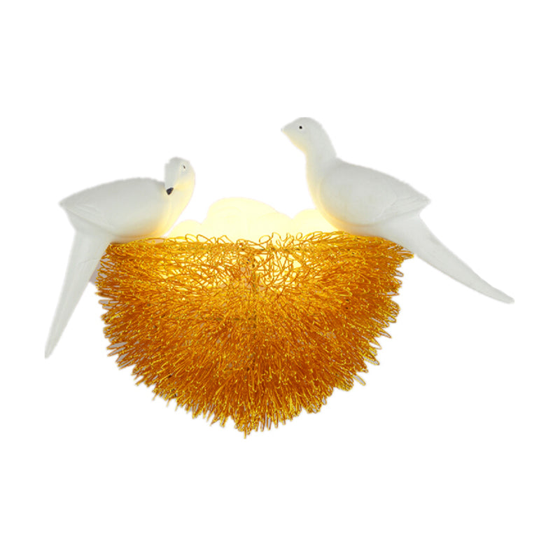 Art Deco Gold Finish Flush Wall Sconce: Bird Nest 3-Light Metal Led Fixture With White Decor